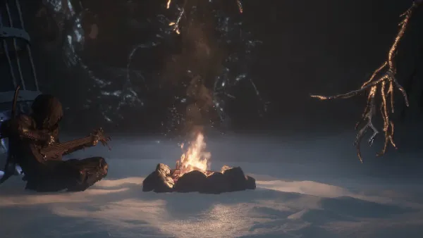 Harbinger rests by a campfire in Mortal Shell 2's snowy prologue